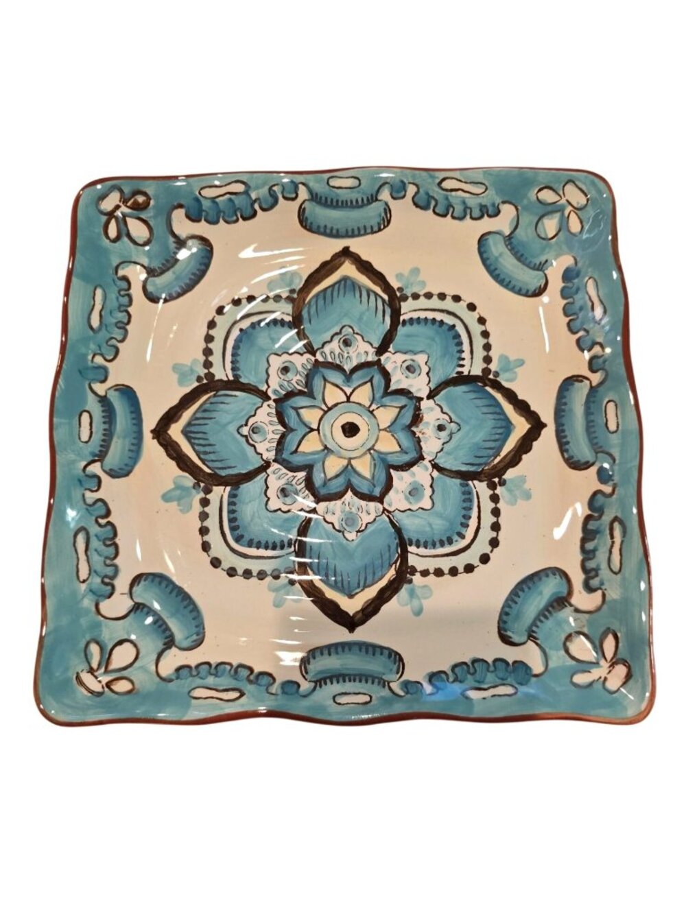 Set/2 Italian Blue & Green Ceramic Square Plates Hand-Painted Floral 8.5 x 8.5" - Picture 6 of 11